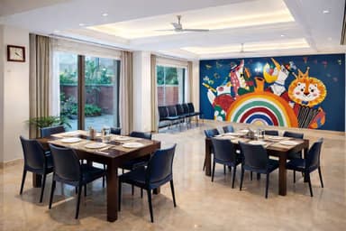 Kids birthday setup with balloons and catering space