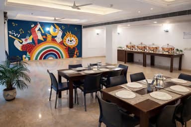 Colorful kids birthday venue with seating and decor